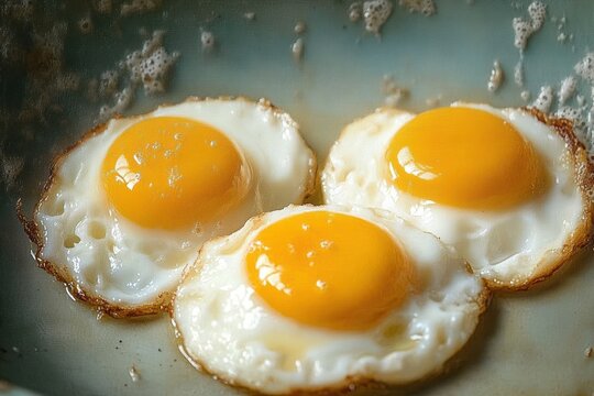 Three sunny-side-up eggs frying in a pan with glossy golden yolks and crisp browned edges, warm and appetizing breakfast