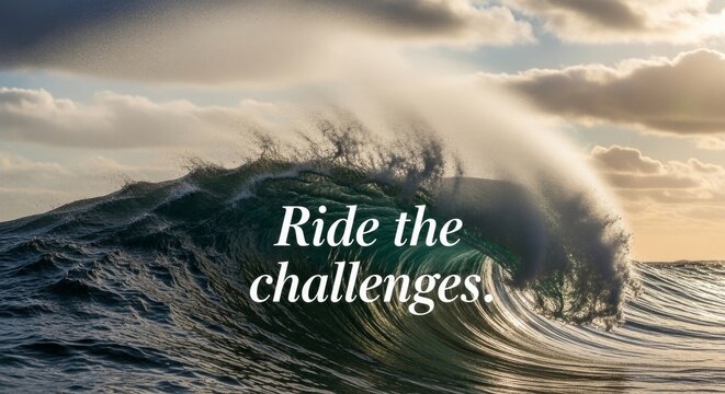 Powerful ocean wave cresting with motivational quote