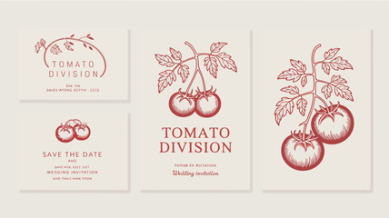 A set of vintage style wedding invitations featuring detailed botanical illustrations of tomatoes and elegant typography high quality professional modern stylish clean crisp vibrant colorful digital © rocky