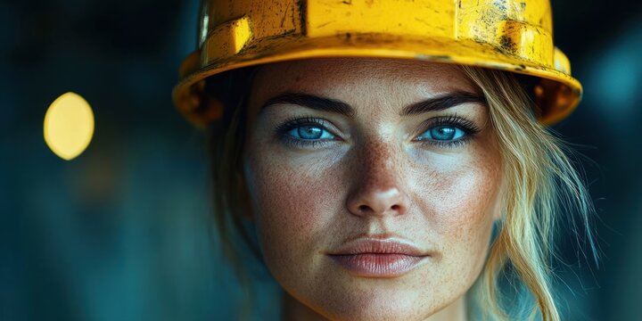 close-up of worker wearing scuffed yellow hard hat with loose blonde hair against dark industrial background, focused and determined mood