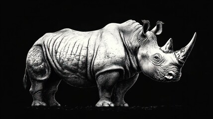 Fototapeta premium detailed monochrome rhinoceros in profile on a black background, wrinkled skin and twin horns, standing solitary with a stoic, powerful presence
