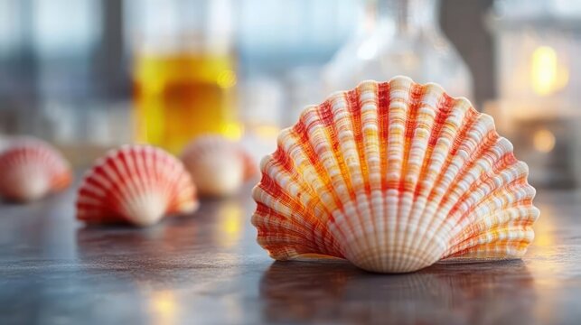 close-up of orange and pink scallop shells on a polished tabletop with glass bottles and a candle in soft warm light, evoking calm coastal nostalgia