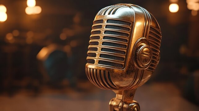 Close-up of a vintage metal microphone on a stand with warm stage lights creating a nostalgic, intimate performance mood