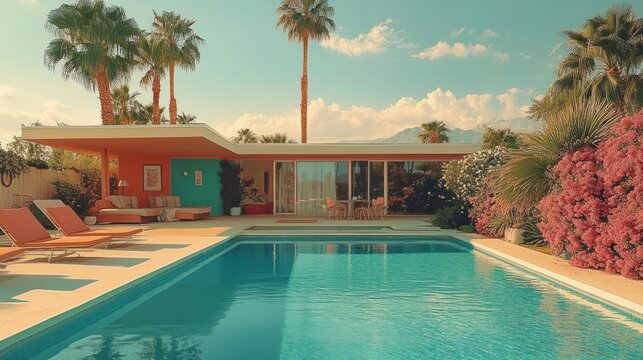 Sunlit mid-century modern poolside patio with lounge chairs, palm trees, flowering shrubs and glass-walled house evoking a relaxed retro summer vibe