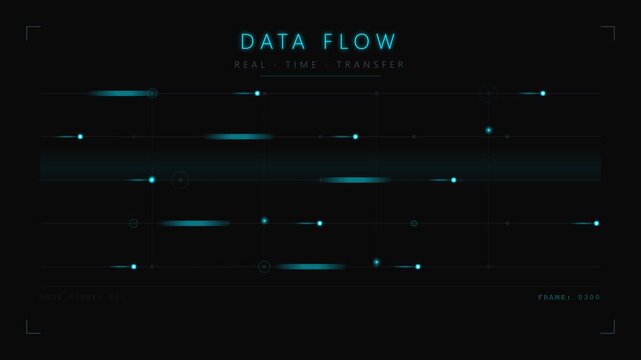 Glowing blue data flow lines and dots on a dark background with the words 'DATA FLOW' in teal, conveying a futuristic and technological mood.