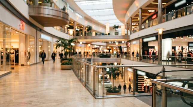 Spacious modern shopping mall interior background with skylight, people walking below