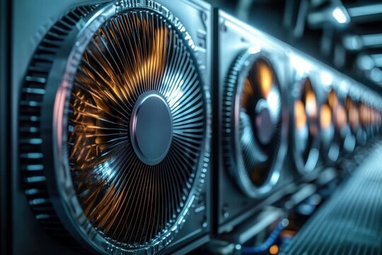 Row of metal server fans in a blue-lit data center, orange glow on the blades, creating a futuristic, high-tech industrial atmosphere.