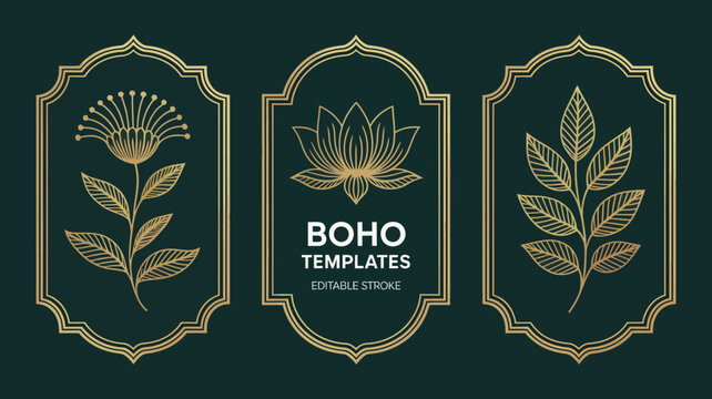 Three ornate golden frames display botanical illustrations of flowers and foliage accompanied by the text boho templates high quality professional detailed modern elegant stylish clean crisp