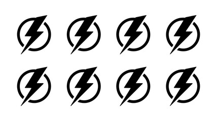 Fototapeta premium A grid of eight identical black icons depicting stylized lightning bolts enclosed within circular shapes set against a white background high quality professional detailed modern elegant