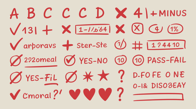 A collection of hand drawn red symbols and text including letters numbers mathematical signs and checkmarks on a beige background high quality professional detailed modern elegant