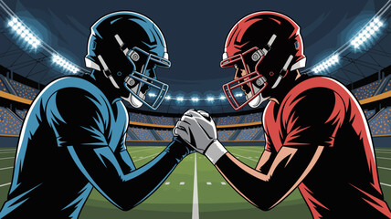 An illustration depicts two american football players facing each other helmets nearly touching in a moment of pre game sportsmanship high quality professional detailed modern elegant © rocky