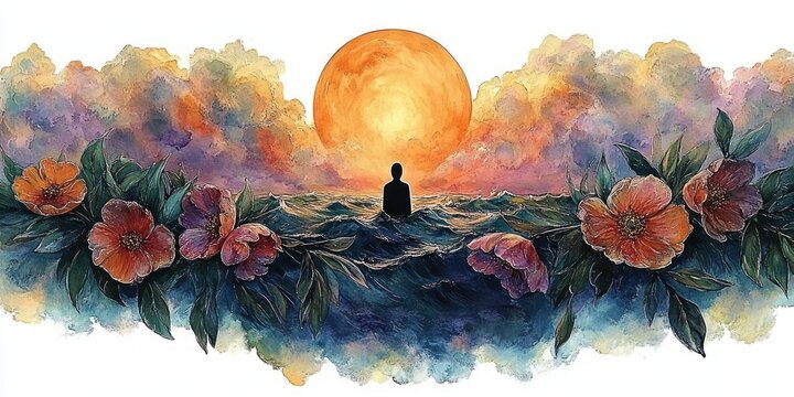 silhouette seated on rolling ocean waves framed by oversized blooming flowers beneath a glowing orange sun and colorful clouds, peaceful and contemplative