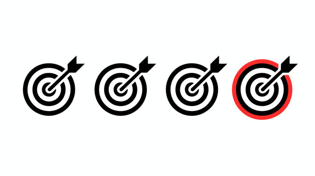 Four circular target icons are displayed with arrows hitting the bullseye in three and one highlighted in red high quality professional detailed modern elegant stylish clean