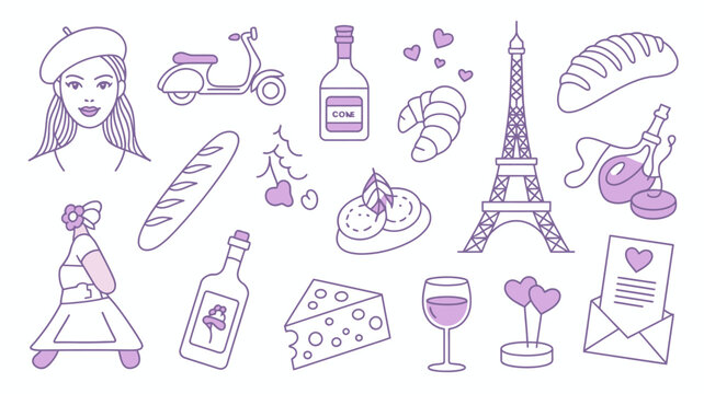 A charming collection of illustrated parisian elements including a beret eiffel tower food and romantic motifs in a purple hue high quality professional detailed modern elegant