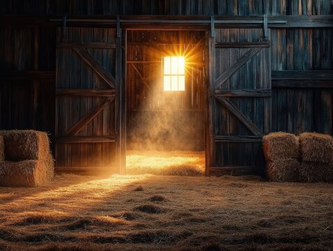 Sunlit rustic barn interior with open wooden doors, golden window rays illuminating dust motes and straw-covered floor with stacked hay bales, warm peaceful atmosphere