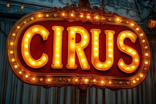 Ornate vintage oval marquee with warm glowing bulbs and large illuminated letters reading CIRUS on a red panel with gold carved frame, evoking nostalgic festive excitement