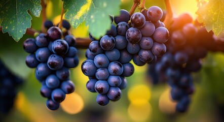 Naklejka premium Ripe purple grape clusters hanging on a vine with green leaves and warm golden sunlight, creating a vibrant, inviting, tranquil vineyard atmosphere