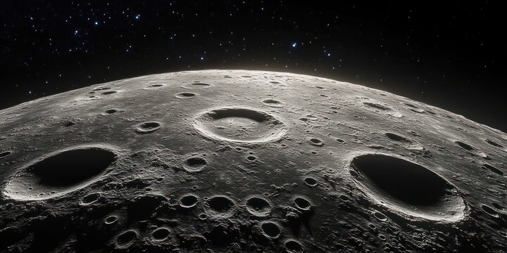 Desolate lunar surface with deep impact craters and sharp rim shadows beneath a vast starry sky, evoking silence and cosmic awe