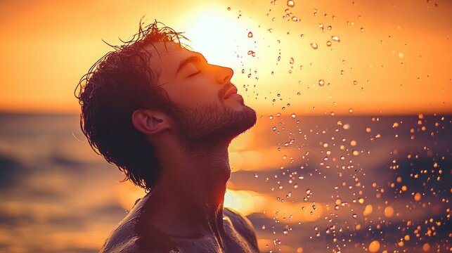 Wet-haired man tilts head back as water splashes around him at a golden ocean sunset, radiating joy and freedom