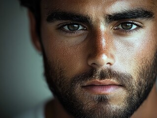 Fototapeta premium close-cropped portrait fragment showing dark hair, eyebrow, ear and beard against a soft teal backdrop with large warm brown negative space, moody and introspective atmosphere