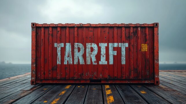 moody red weathered shipping container with large stenciled letters sitting alone on a wet wooden pier by the sea