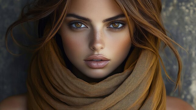 Close-up portrait of a person with flowing auburn hair and a wrapped mustard scarf around the neck, shoulders visible against a textured dark backdrop, warm contemplative mood