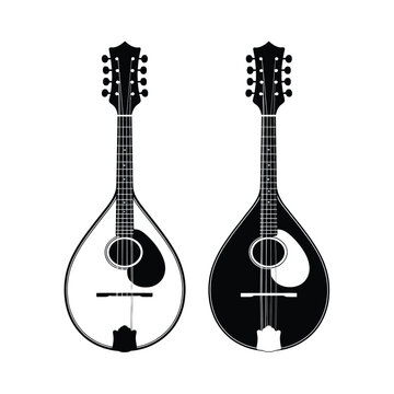 Two black and white mandolin silhouettes facing forward musical instruments