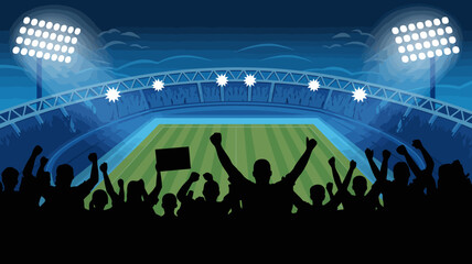 A vibrant stadium illustration depicts a nighttime sporting event with cheering silhouetted fans and bright floodlights illuminating the field high quality professional detailed modern elegant stylish © DesignHub