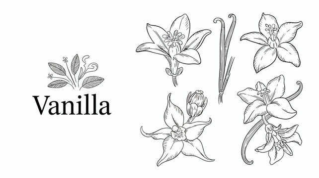 A detailed monochromatic illustration showcases various stages of vanilla orchid blossoms and a vanilla bean pod high quality professional modern elegant stylish clean crisp vibrant colorful