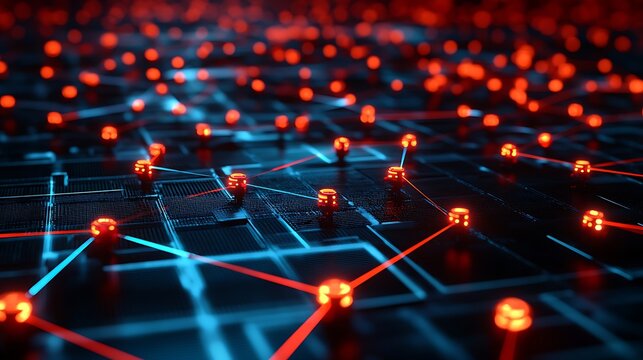 Abstract digital network with interconnected spheres and glowing lines background