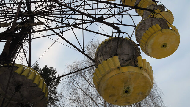 Pripyat, Ukraine. A never opened Ferris Wheel in amusement park in abandoned city in Chernobyl exclusion zone in Ukraine