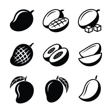 Black and white mango illustrations showing various forms and cut sections