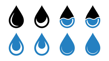 A collection of eight water droplet icons is displayed varying in shade and fullness against a stark white background high quality professional detailed modern elegant stylish