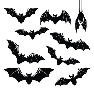 Silhouettes of several black bats in various flying poses against white