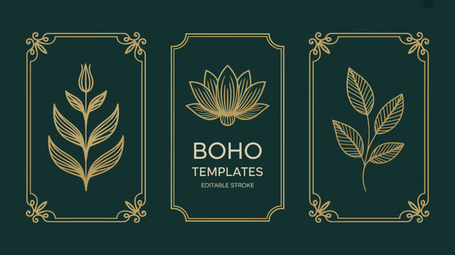 A dark teal background features three golden botanical frames with floral designs and the text boho templates centered below high quality professional detailed modern elegant stylish
