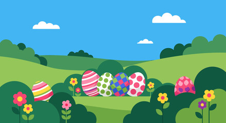 Fototapeta premium a delightful easter egg hunt scene featuring colorful decorated eggs among vibrant spring flowers in a sunny green landscape