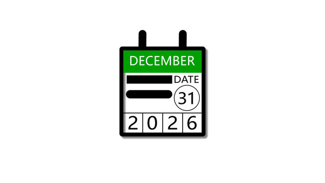 31 December 2026 Calendar illustration with clock icon. Perfect for countdown videos, on a black background. and stunning 4k illustration.