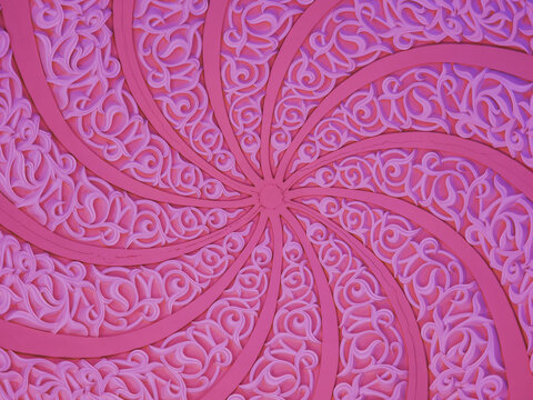 Pink ornamental spiral arabesque relief pattern background