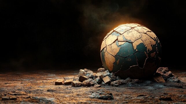 cracked earthen globe on barren soil with scattered broken fragments and warm dramatic backlight evoking decay and fragile despair