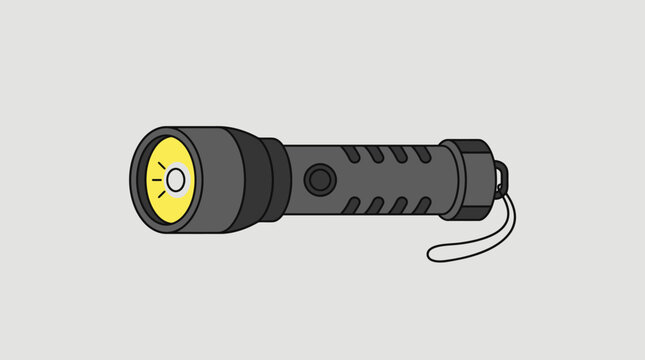 Flat illustration of a black tactical flashlight with a yellow light beam