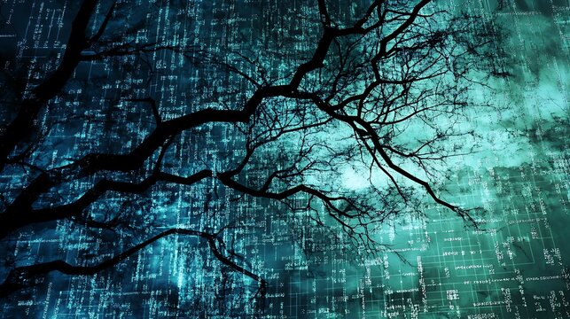 Abstract digital tree silhouette against cybernetic background