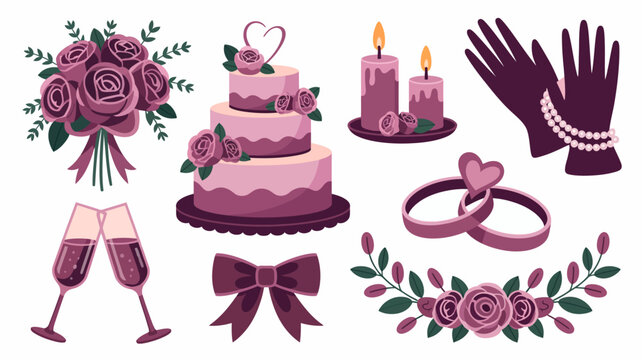 A romantic illustration depicts a tiered wedding cake adorned with roses alongside champagne glasses rings and decorative elements high quality professional detailed modern elegant stylish clean