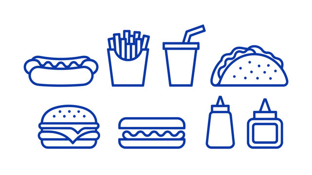 A collection of fast food items is displayed in a simple linear style including burgers tacos fries and condiments high quality professional detailed modern elegant stylish