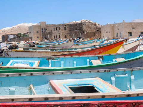Traditional fishing boats in Qalansiyah village Socotra copy space