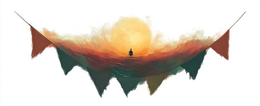 Solitary silhouette standing on a string of triangular pennant flags above painterly clouds with a giant glowing sun, warm colors and a mood of quiet contemplation