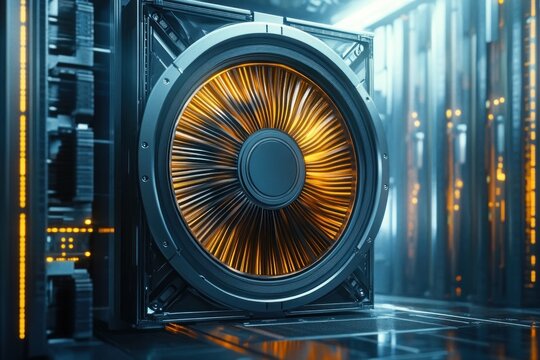 large circular turbine-like fan with glowing orange radial blades in a metal frame inside a blue-lit server room with racks and reflective floor, conveying powerful futuristic energy