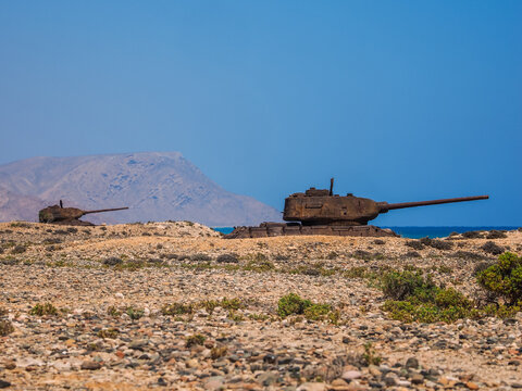 Abandoned T-34 tanks on Socotra island Yemen copy space