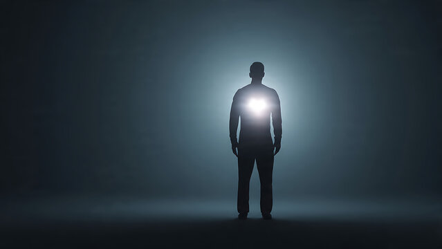 Man Silhouette with Glowing Heart Representing Conscience and Soul