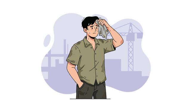 Stressed Young Man Wiping Sweat from His Forehead Amidst Heat, Illustrating Hard Work, Fatigue, or Summer Discomfort