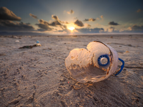 Plastic pollution on Socotra beach at sunset Yemen copy space